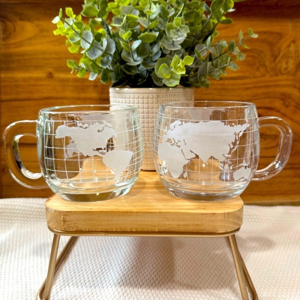 Set Lot Of 2 Vintage Nestle Nescafe World Globe Frosted Glass Coffee Mugs Cups
